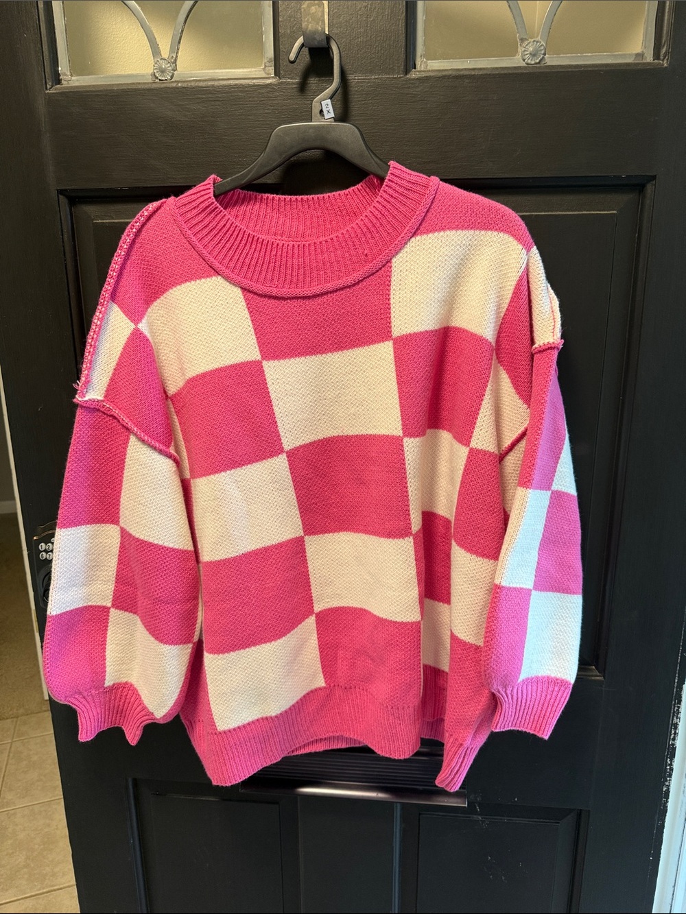 Pink and Cream Checkerboard Knit Sweater